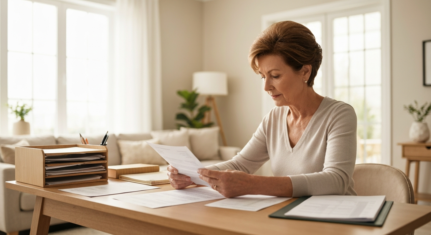 Senior homeowner reviewing household bills