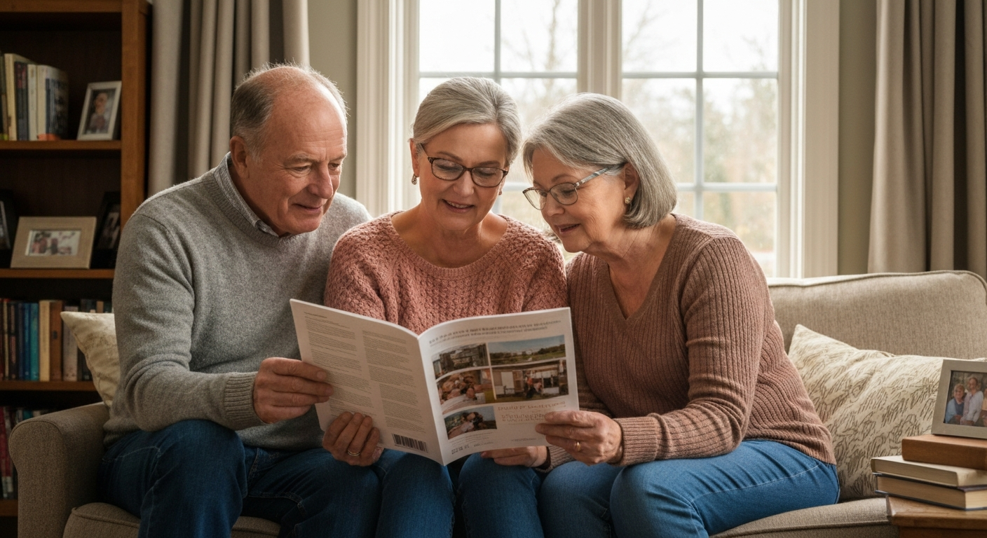Senior couple reviewing a community brochure