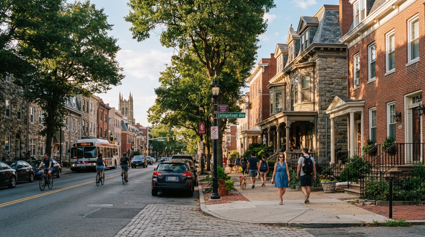 Germantown Philadelphia historic stone Victorian homes tree-lined streets