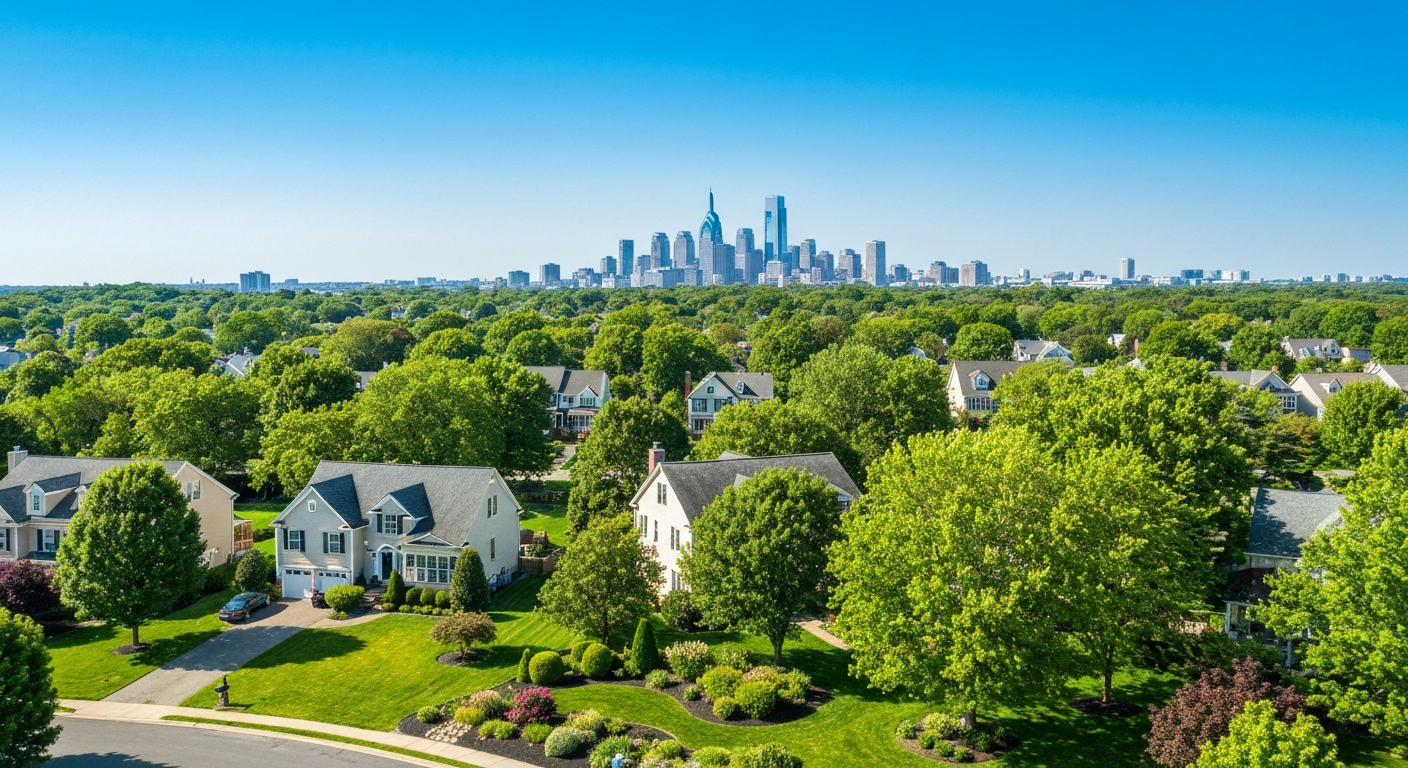 Philadelphia city skyline with suburban homes