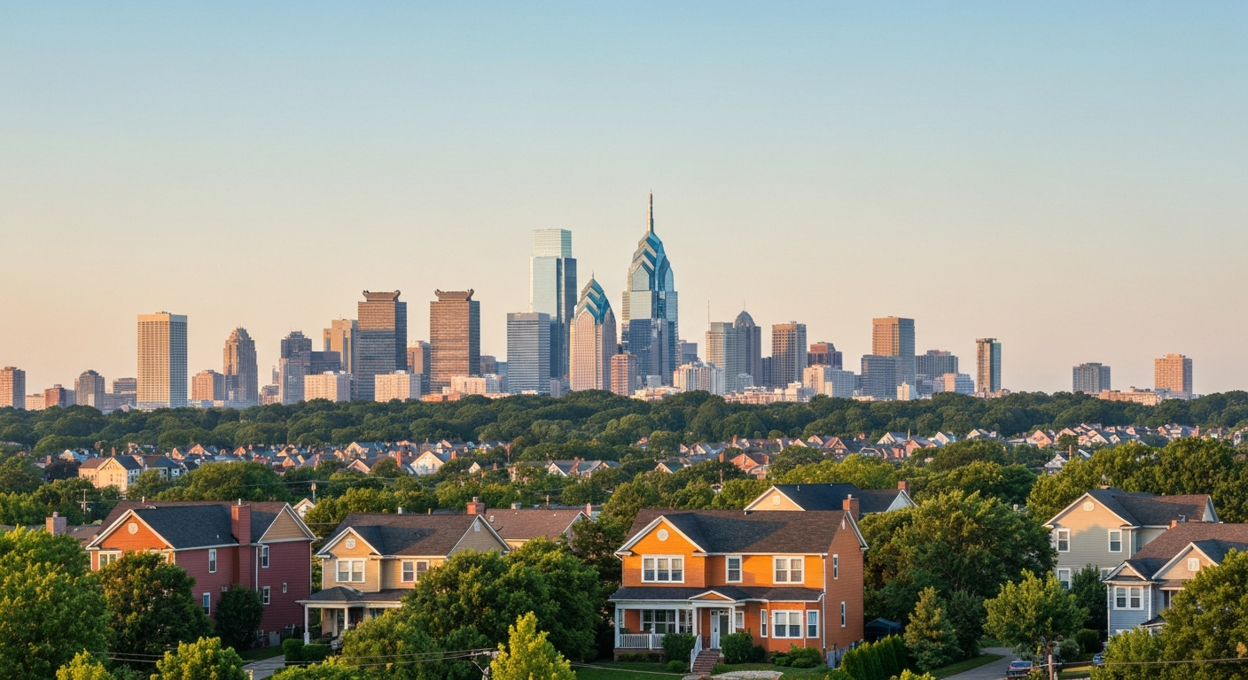 Philadelphia city skyline with suburban homes