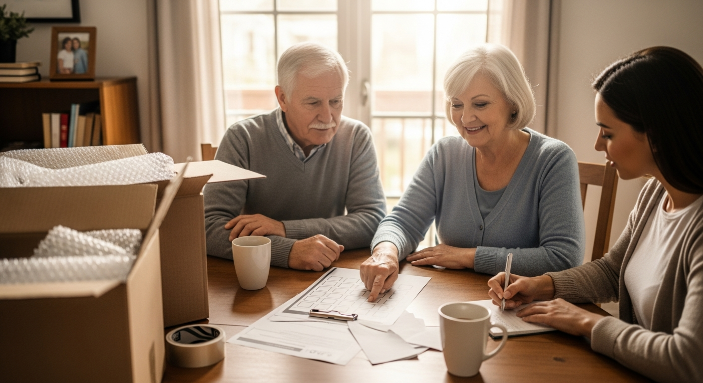 Senior homeowner and adult child planning a downsizing move