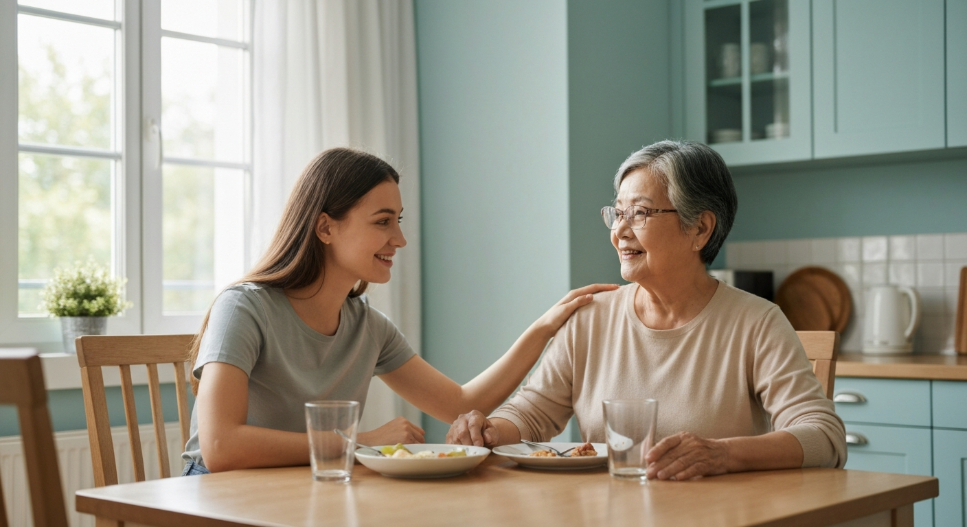 Adult child and senior parent having a calm conversation