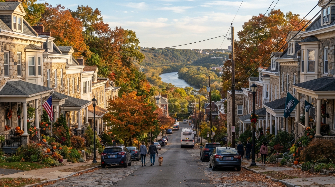 Roxborough Philadelphia hillside stone twin rowhomes