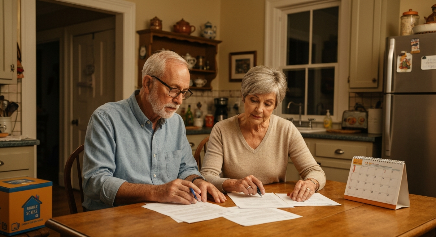 Senior couple reviewing home sale and senior living timing options together at a kitchen table