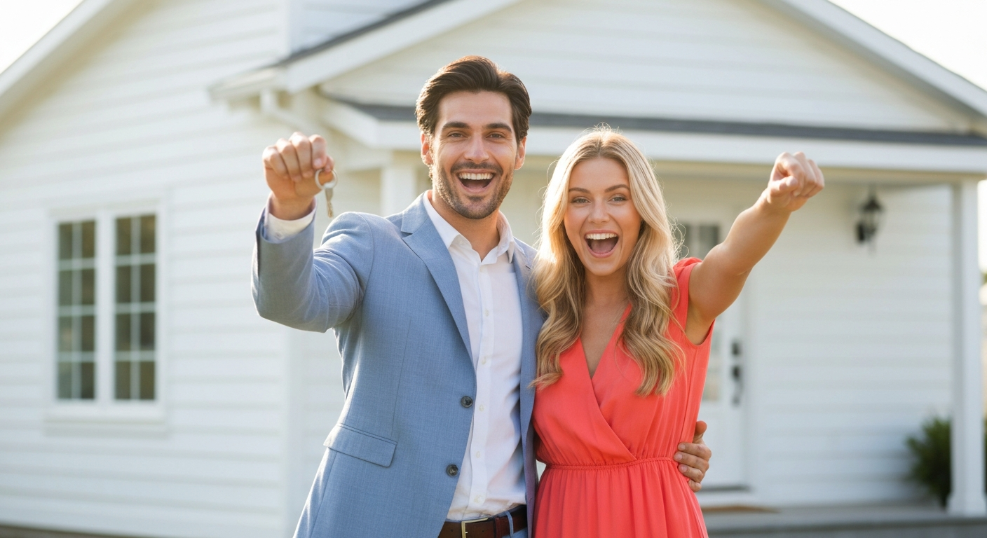 Happy couple receiving keys to their new home