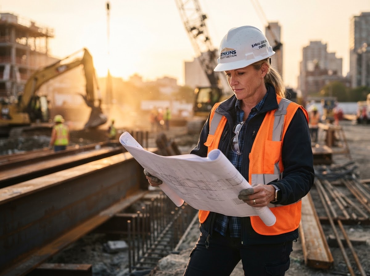 Caucasian woman construction company owner wearing a hard hat and safety vest reviewing blueprints at an active job site at golden hour