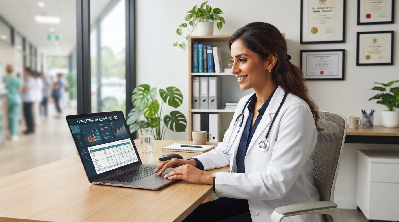 South Asian female medical practice owner reviewing practice financials on a laptop in a bright modern clinic