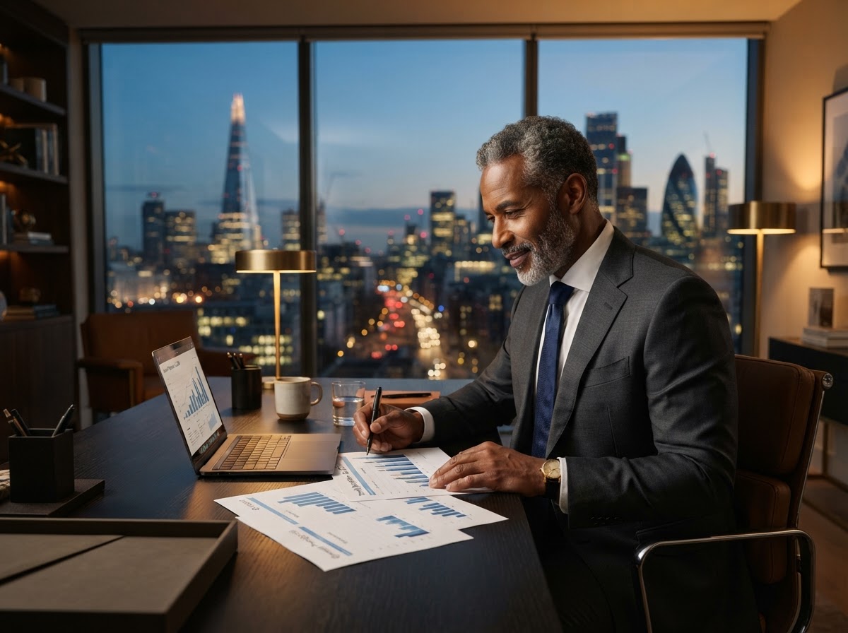 Black man established business owner reviewing growth projections in a modern office overlooking a city skyline at dusk