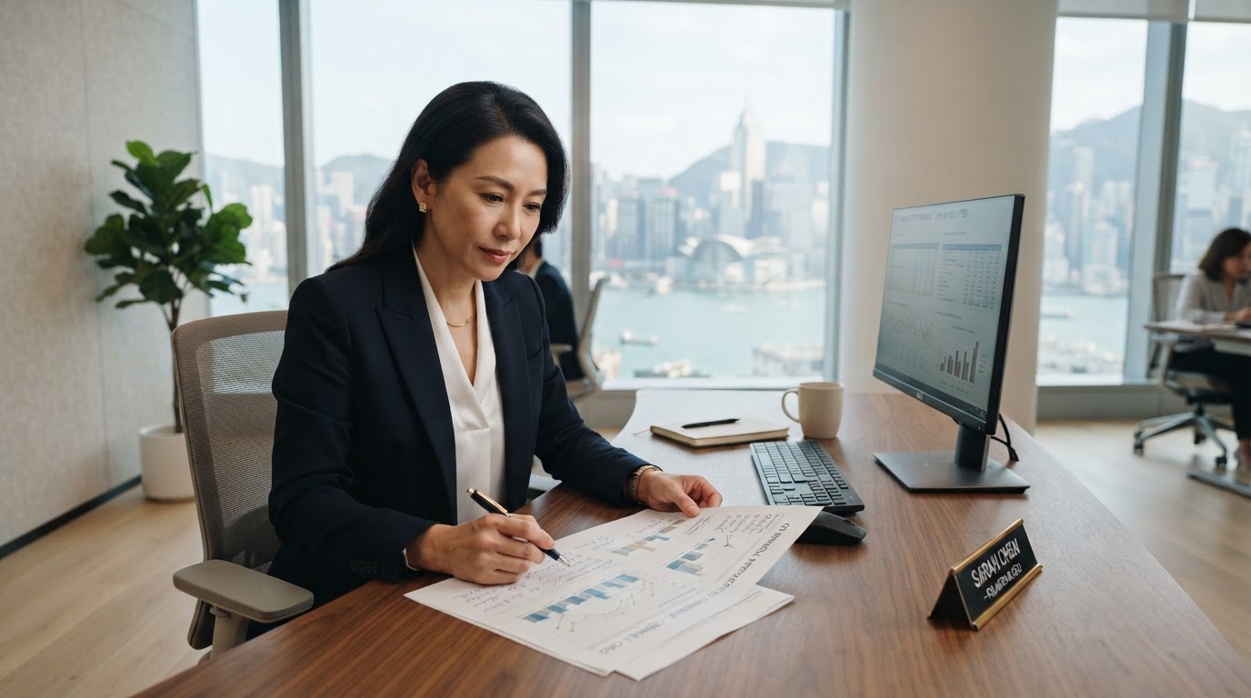 East Asian professional services firm owner reviewing financial documents in a bright modern office