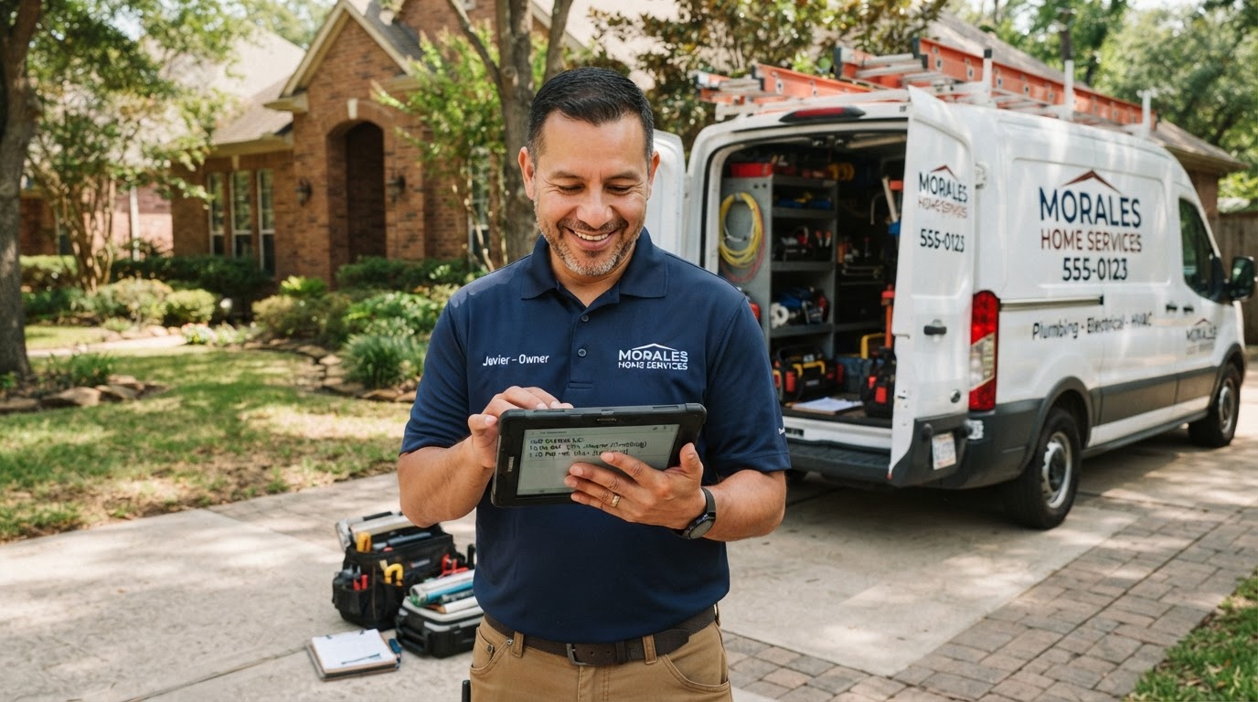 Latino home services business owner reviewing job schedules on a tablet with a service van in the background