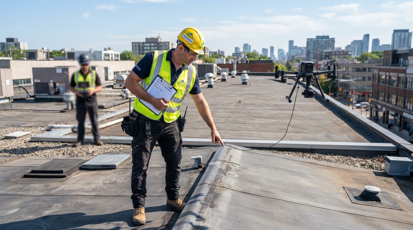 Certified roofing technician walking and inspecting a commercial flat roof membrane