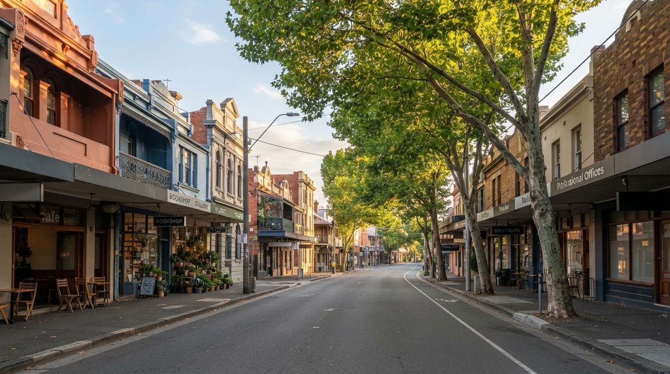 Vibrant Inner West Sydney commercial street in Newtown featuring creative storefronts, cafes and professional offices along a tree-lined boulevard in warm afternoon light