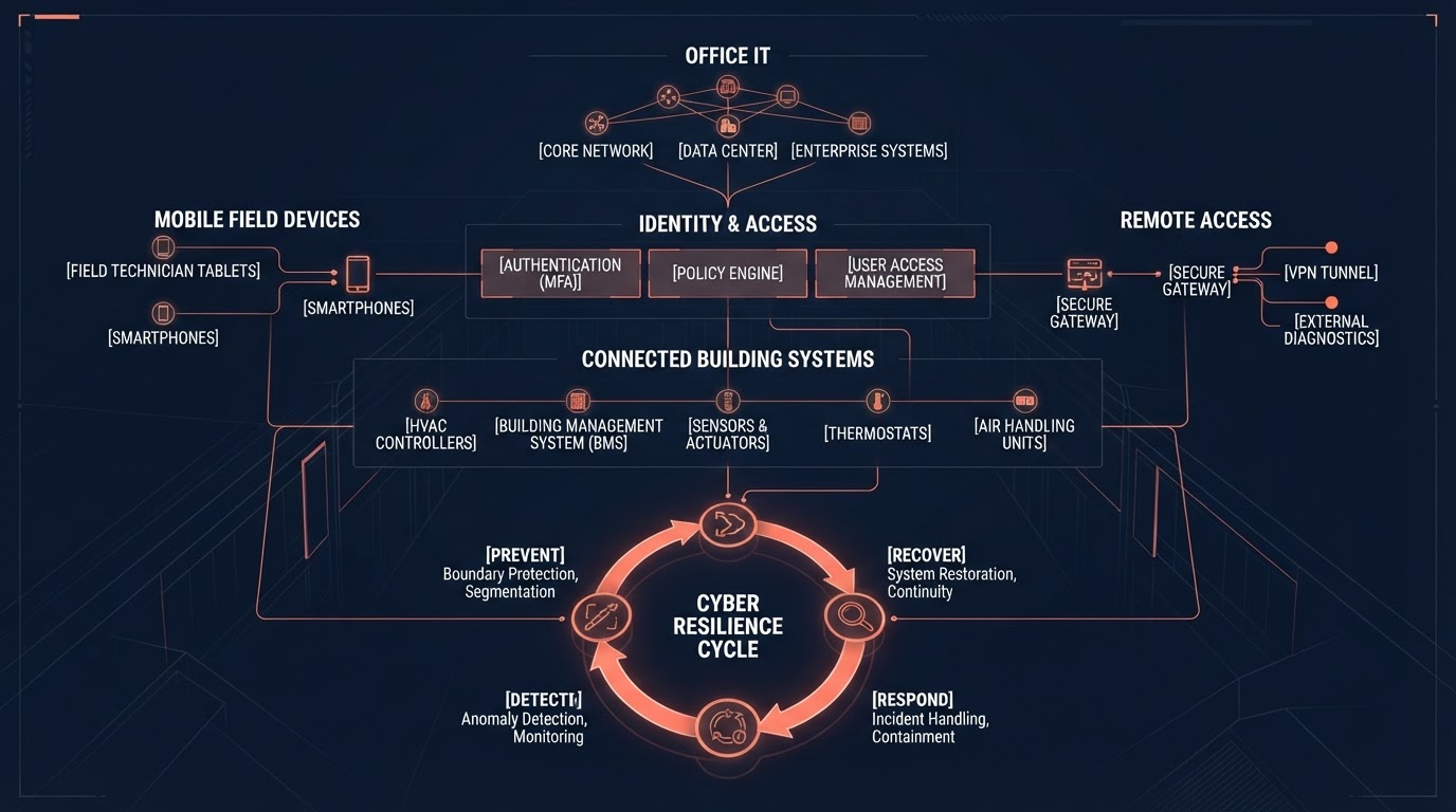 Conceptual cyber security architecture showing interconnected layers of office IT, identity, mobile field devices, remote access and connected building systems
