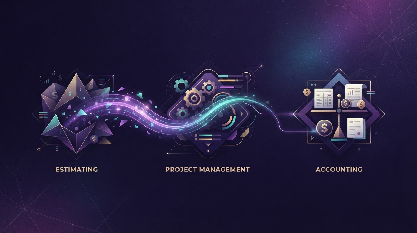 Abstract editorial illustration of project information flowing through connected estimating, project management and accounting systems without re-entry