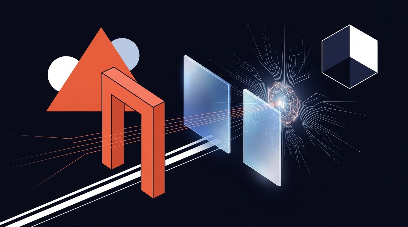 Abstract editorial illustration representing AI capability constrained by permission boundary walls, with a mandatory human decision-point gate that all access must pass through before reaching governed AI in a property business.