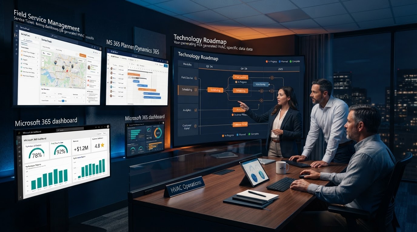 Modern HVAC business operations center showing technology planning across multiple screens including field service management and scheduling dashboards