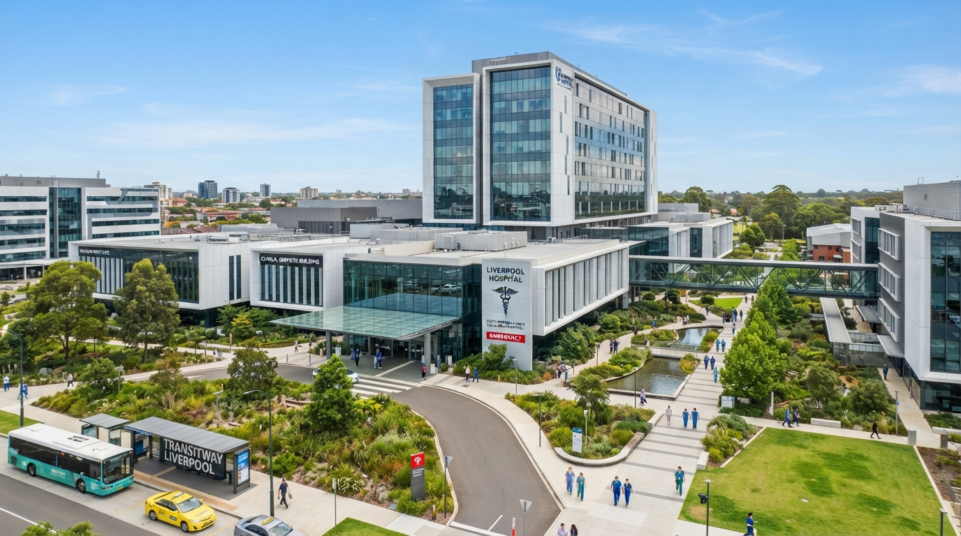 Modern hospital and medical precinct in Liverpool Sydney showing clean contemporary healthcare buildings with professional signage and landscaped surroundings on a calm day