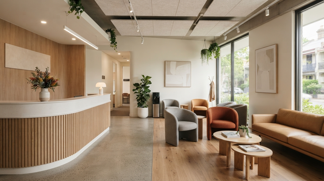 Modern allied health and medical practice reception area in Sydney's Inner West with clean minimalist design, warm wood tones and comfortable seating in a professional environment