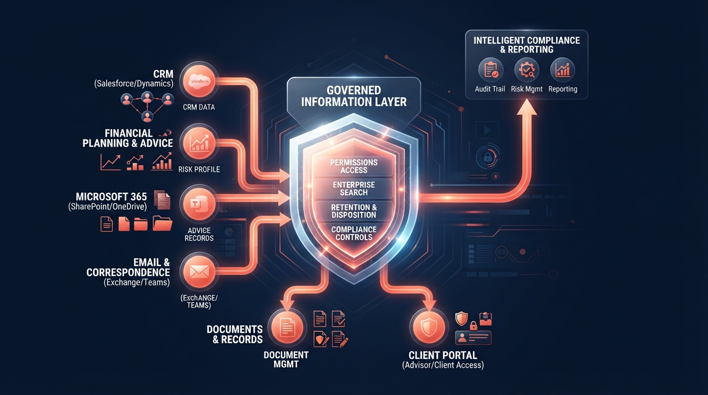 Conceptual diagram showing financial services information architecture with CRM, advice systems, Microsoft 365, email, documents and client portal flowing toward governed information with permissions, search, retention and governance controls