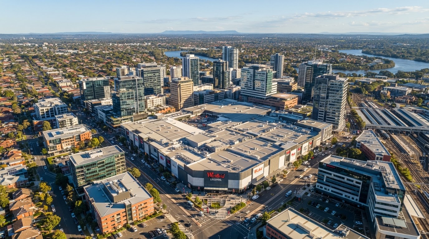 Aerial view of Liverpool Sydney commercial district showing modern office buildings, Westfield Liverpool and surrounding business precinct in clear afternoon light