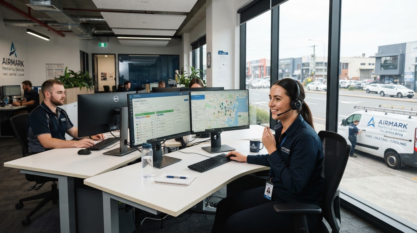 Modern HVAC dispatch and coordination office with dispatchers working on desktop monitors and an HVAC service van visible outside