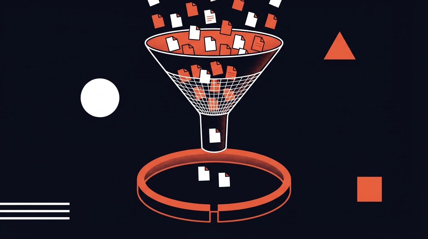 Abstract editorial illustration representing deliberate collection of less personal information through a filtering funnel, with restricted access bounded by a single controlled entry point in a property business.