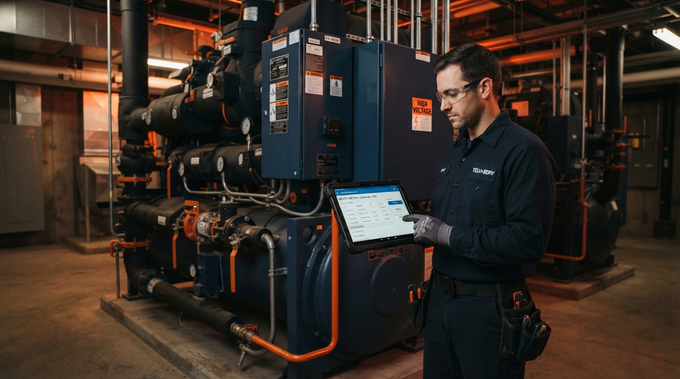 HVAC technician using a tablet to access service history and asset information beside commercial mechanical equipment