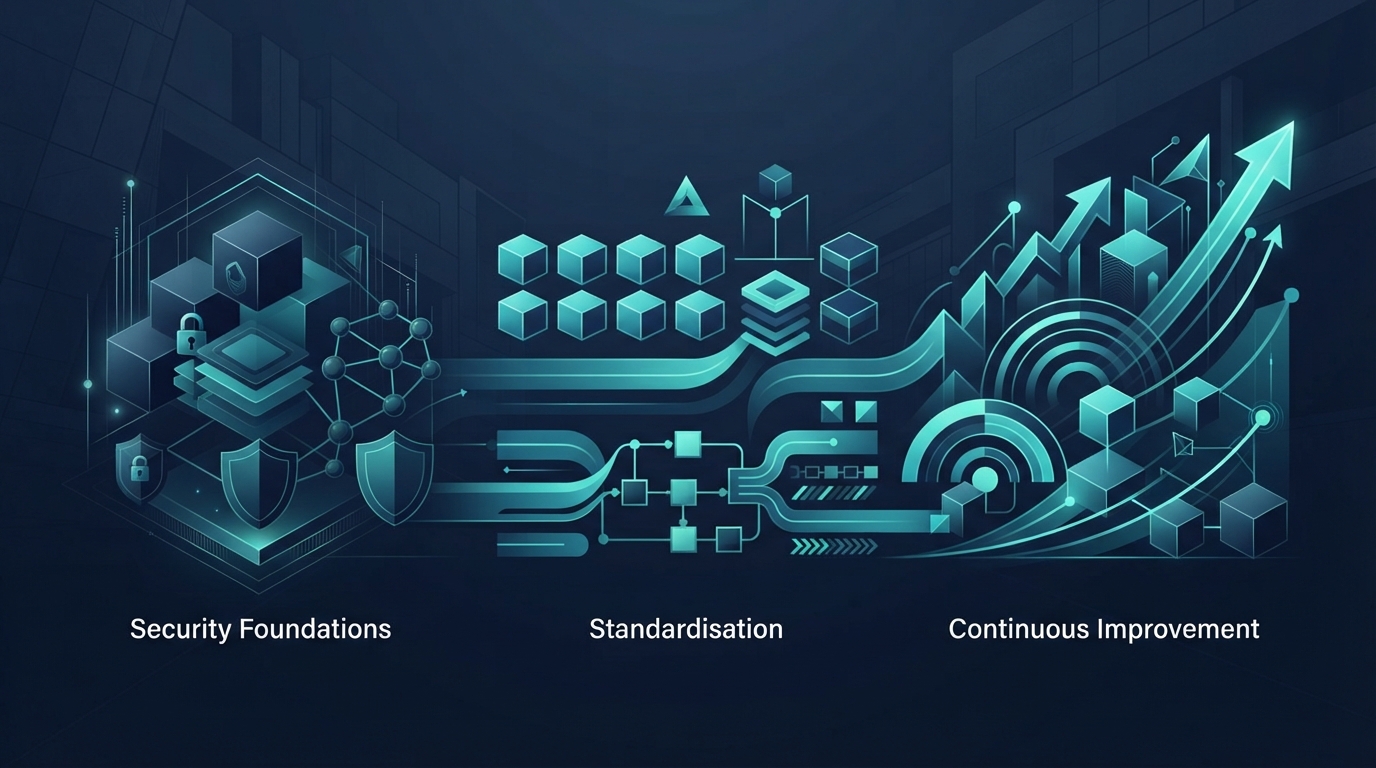Abstract editorial illustration of a sequenced technology roadmap for a construction business, progressing from security foundations to continuous improvement.