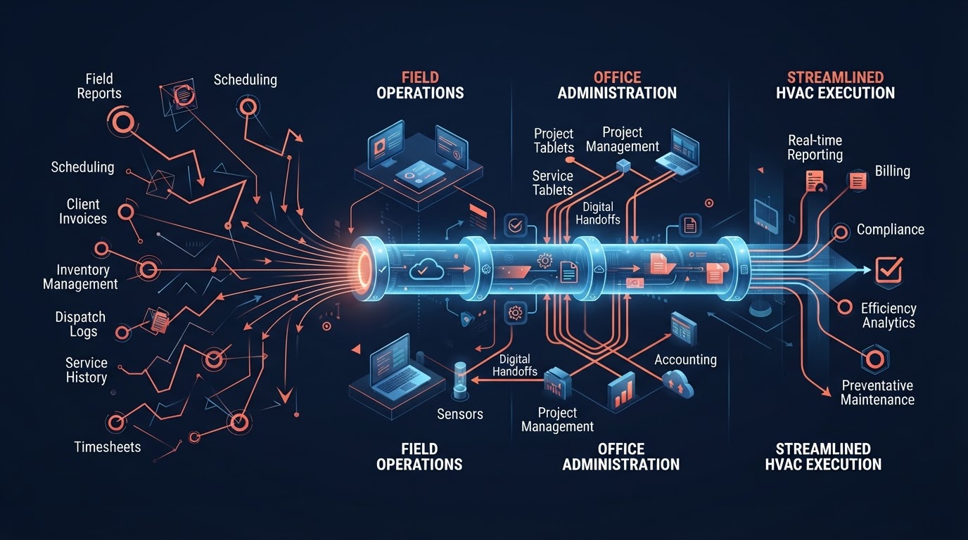 Conceptual diagram showing disconnected HVAC workflow steps merging into a unified automated pipeline between field and office