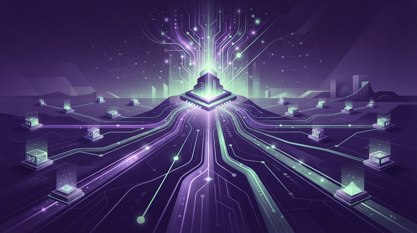 Abstract editorial illustration of technology support workload flowing outward from a central head office to a defined path across multiple franchise locations