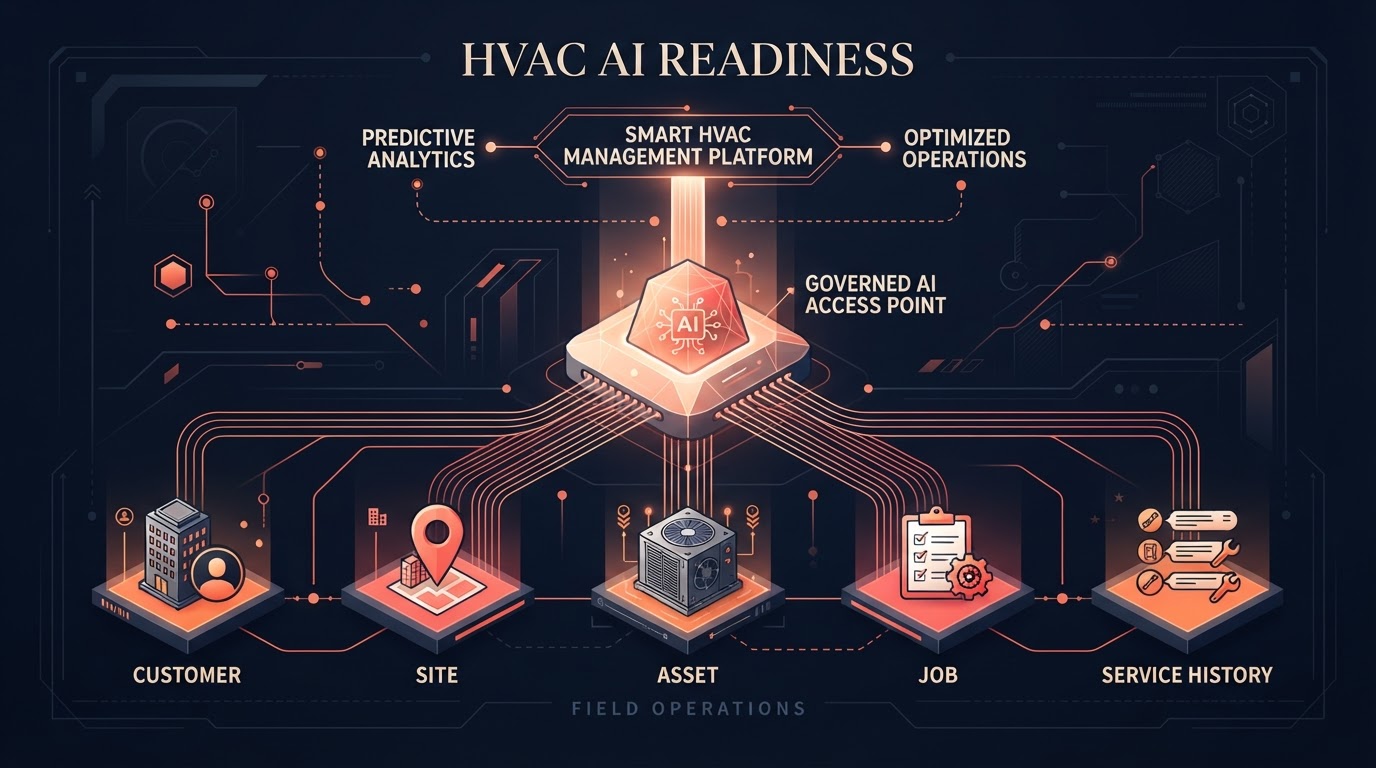Conceptual diagram showing HVAC field operations information flowing toward governed AI access, with customer, site, asset, job and service history nodes connected by fine lines
