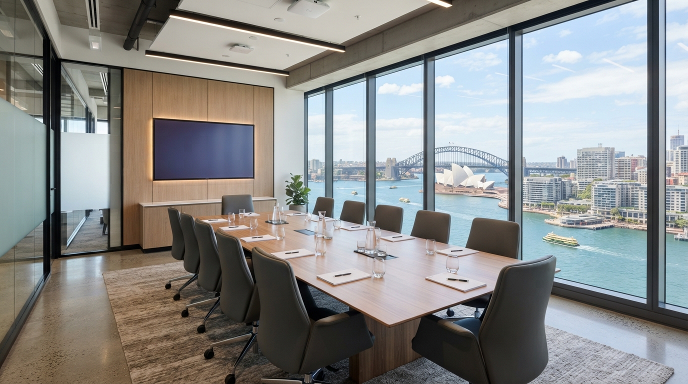 Professional business meeting room in a modern Sydney office with a large table, comfortable chairs, presentation screen and natural light from floor-to-ceiling windows in a clean corporate setting