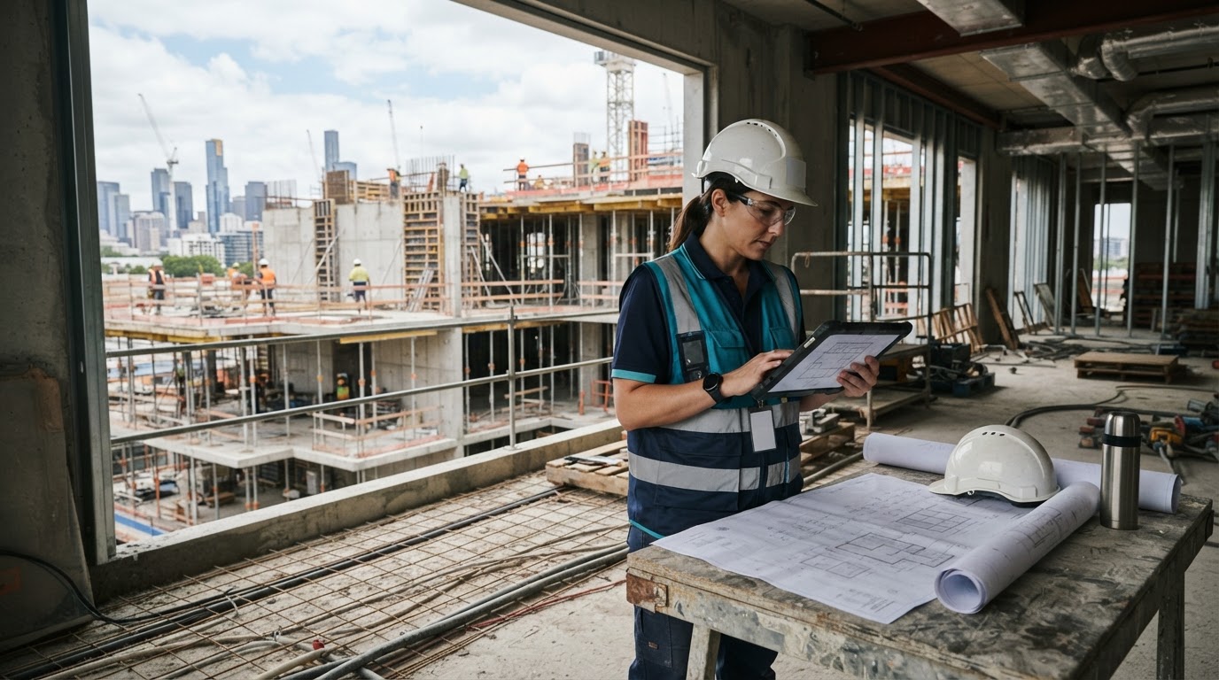 Construction and property development team reviewing secure digital project information