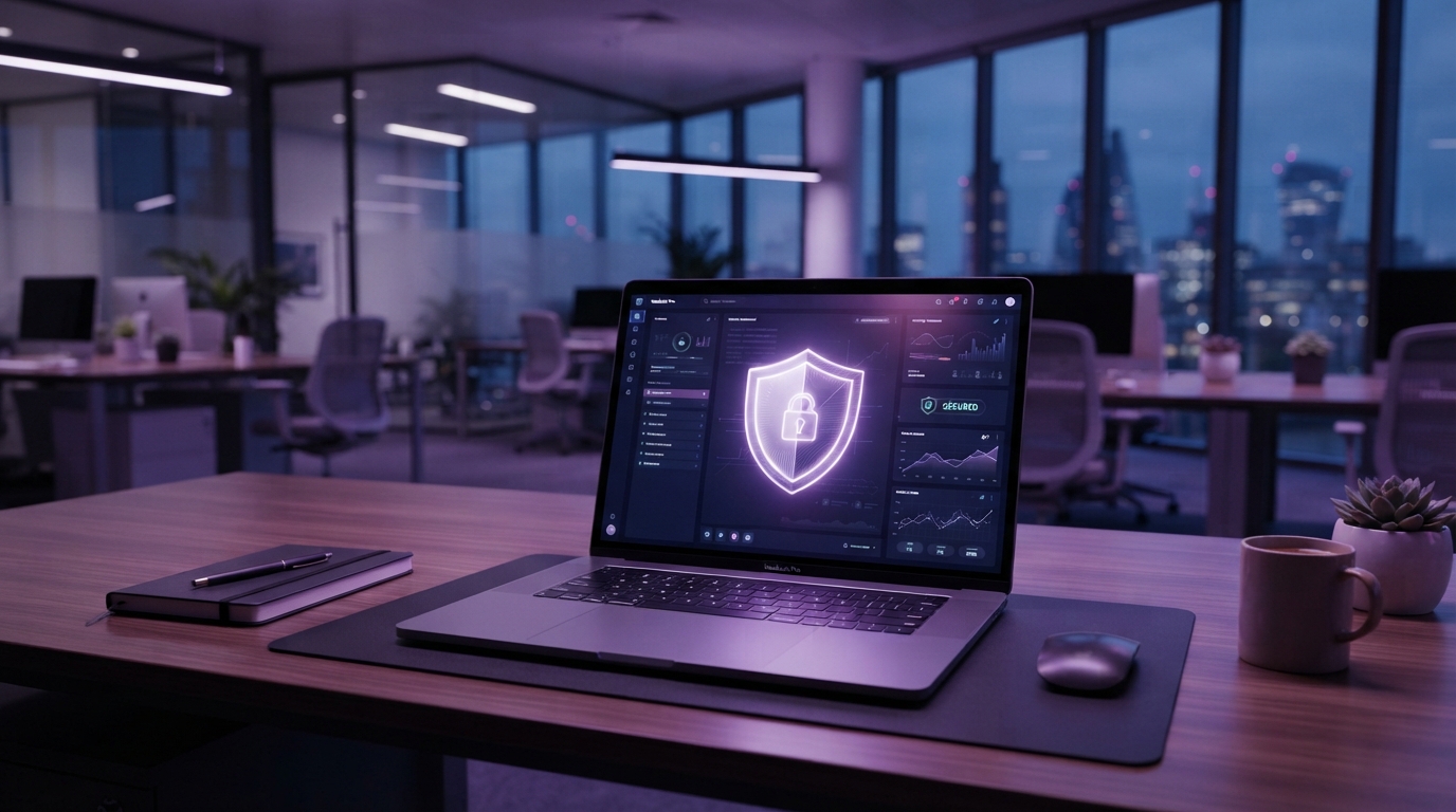 Modern Australian office workspace with multiple monitors showing security dashboards and Microsoft 365 interfaces in a clean, well-lit professional environment