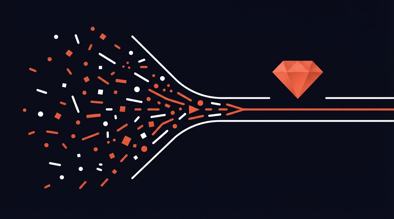 Abstract editorial illustration representing scattered repetitive administrative steps consolidating into a single clean workflow, with a distinct human judgement element remaining separate and retained alongside automation.