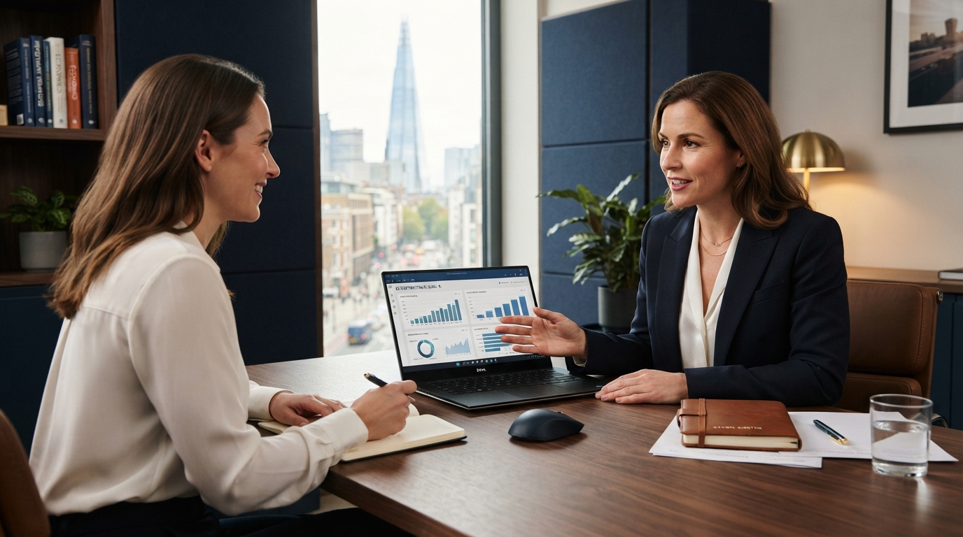 Professional financial adviser reviewing client information on a laptop during a client meeting in a modern advisory office