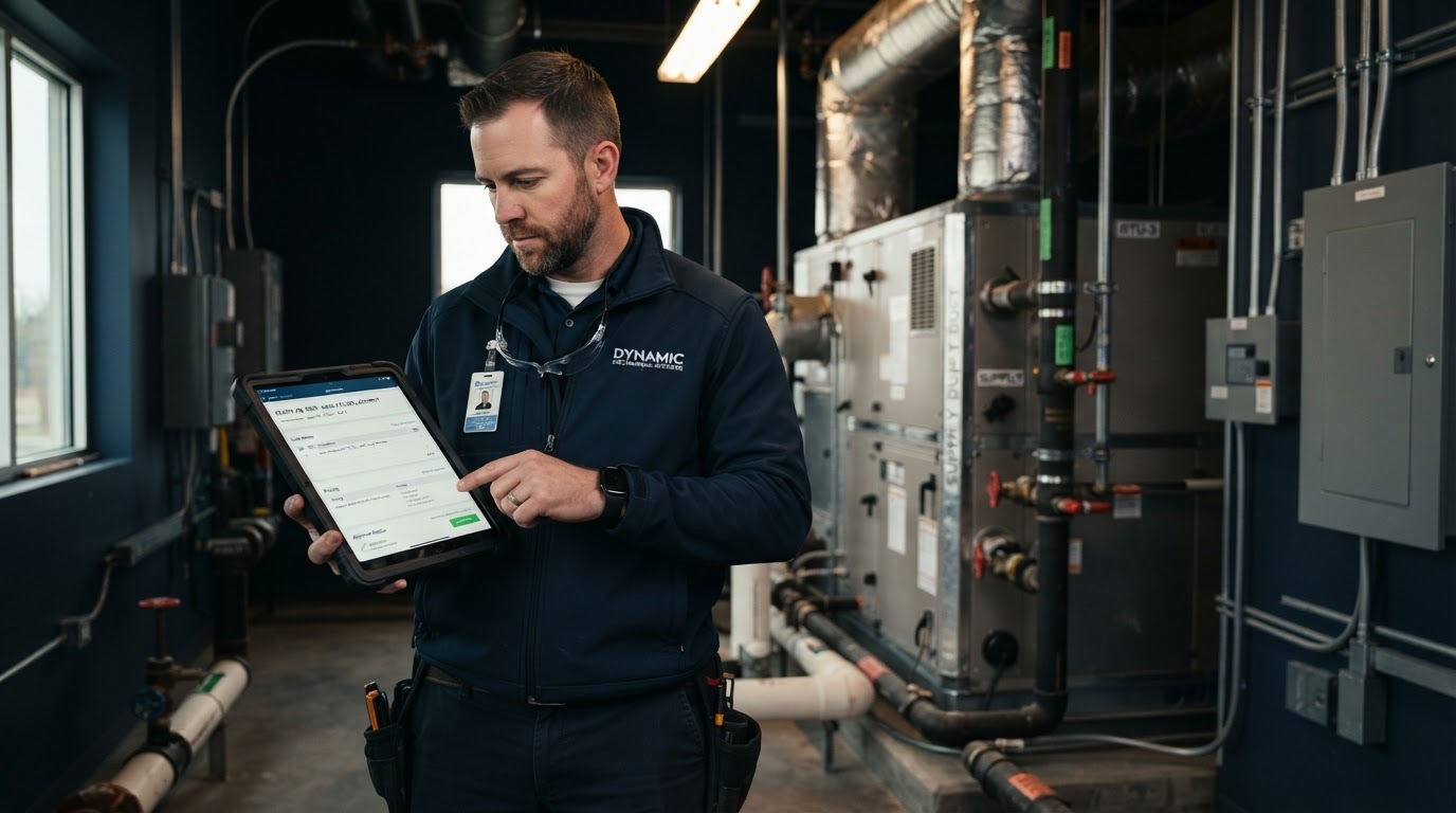 HVAC technician reviewing a digital quote on a tablet at a commercial building site with mechanical equipment nearby