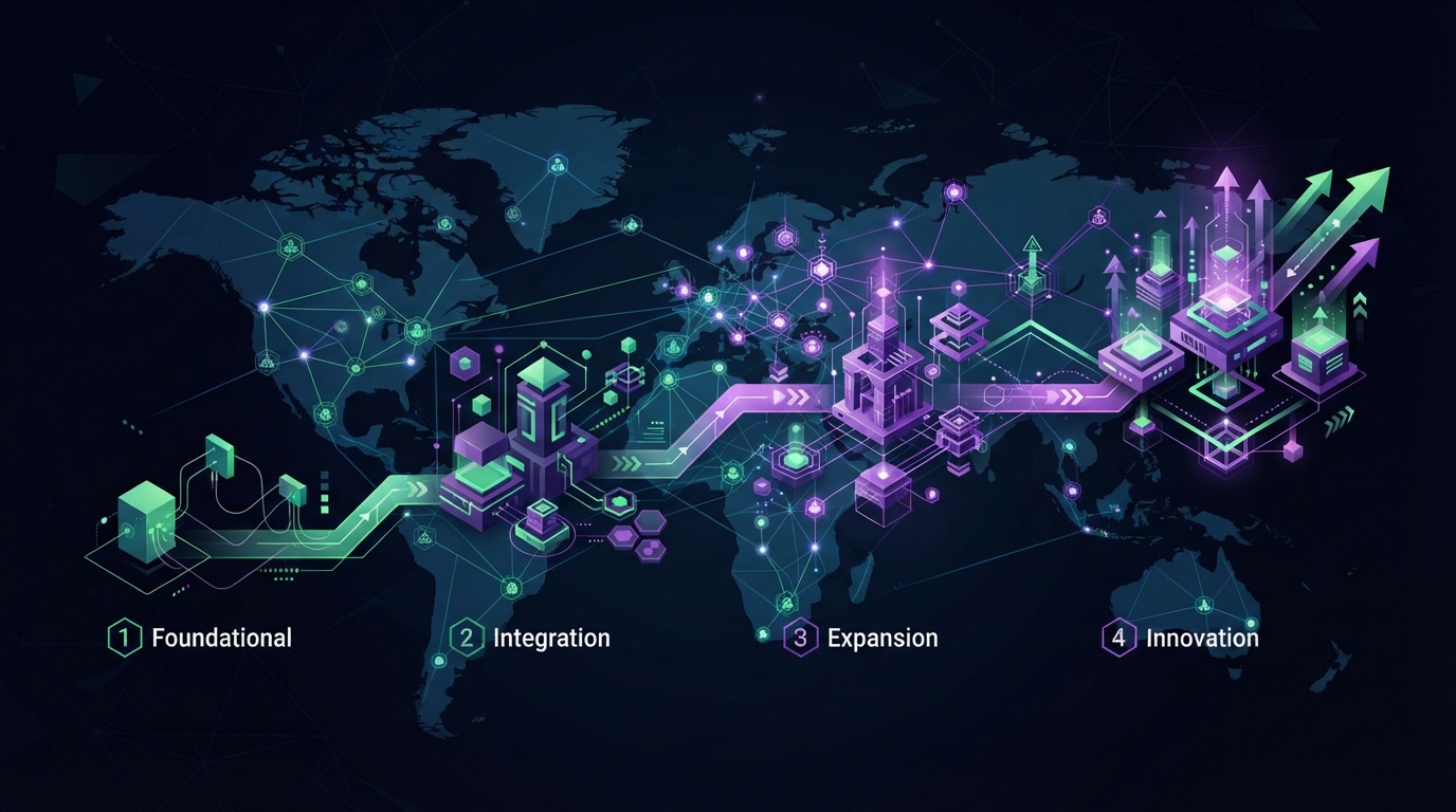 Abstract editorial illustration of a sequenced technology roadmap with ordered stages progressing across a growing franchise network of connected locations
