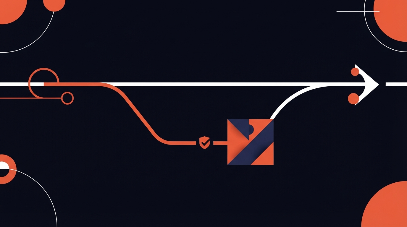 Abstract editorial illustration representing a diverted payment path intercepted by an independent verification checkpoint and redirected back to its correct destination, preventing payment redirection fraud.
