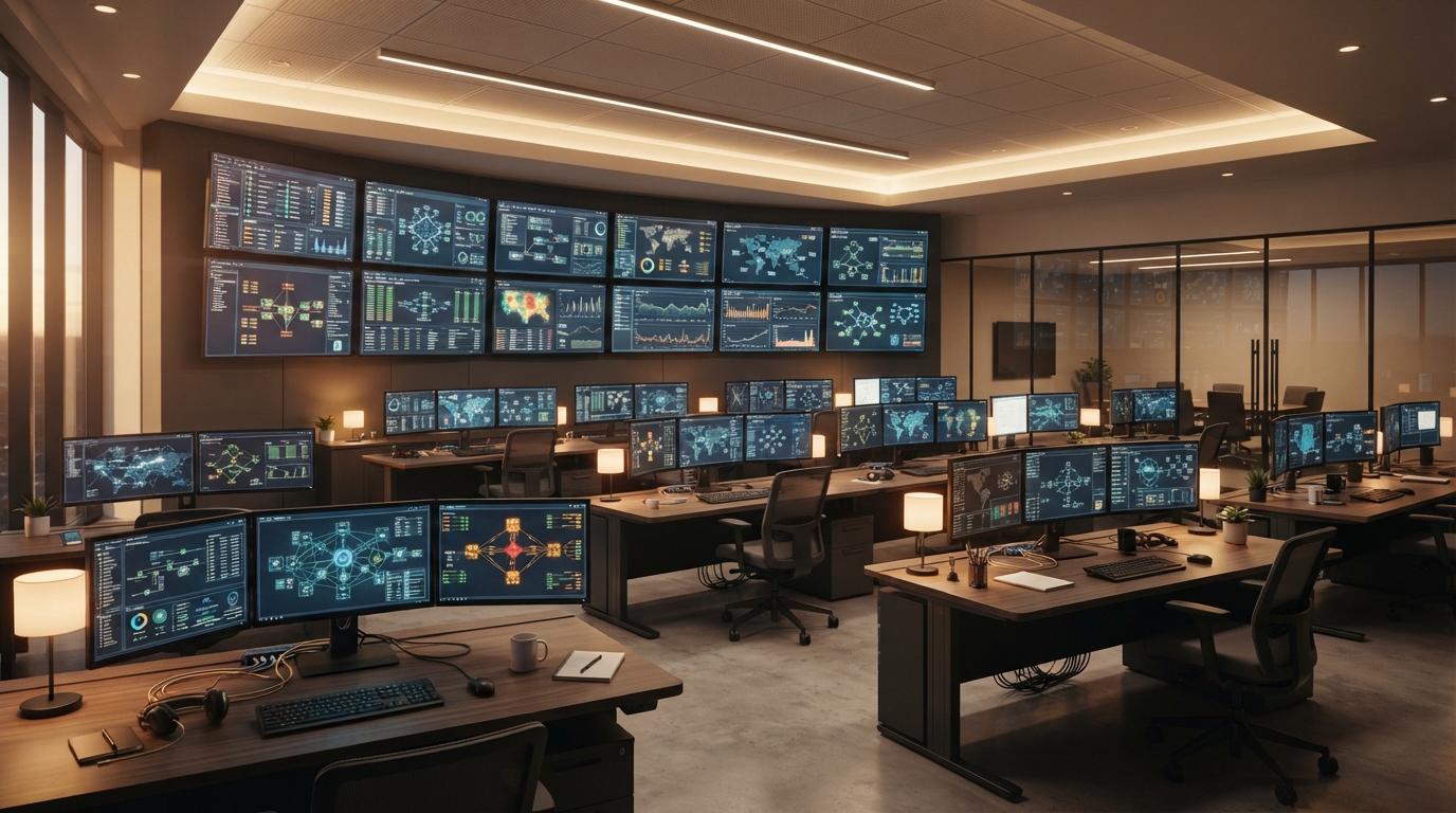 Modern IT support operations centre with multiple monitors displaying network monitoring dashboards and security alerts in a clean professional environment with warm ambient lighting
