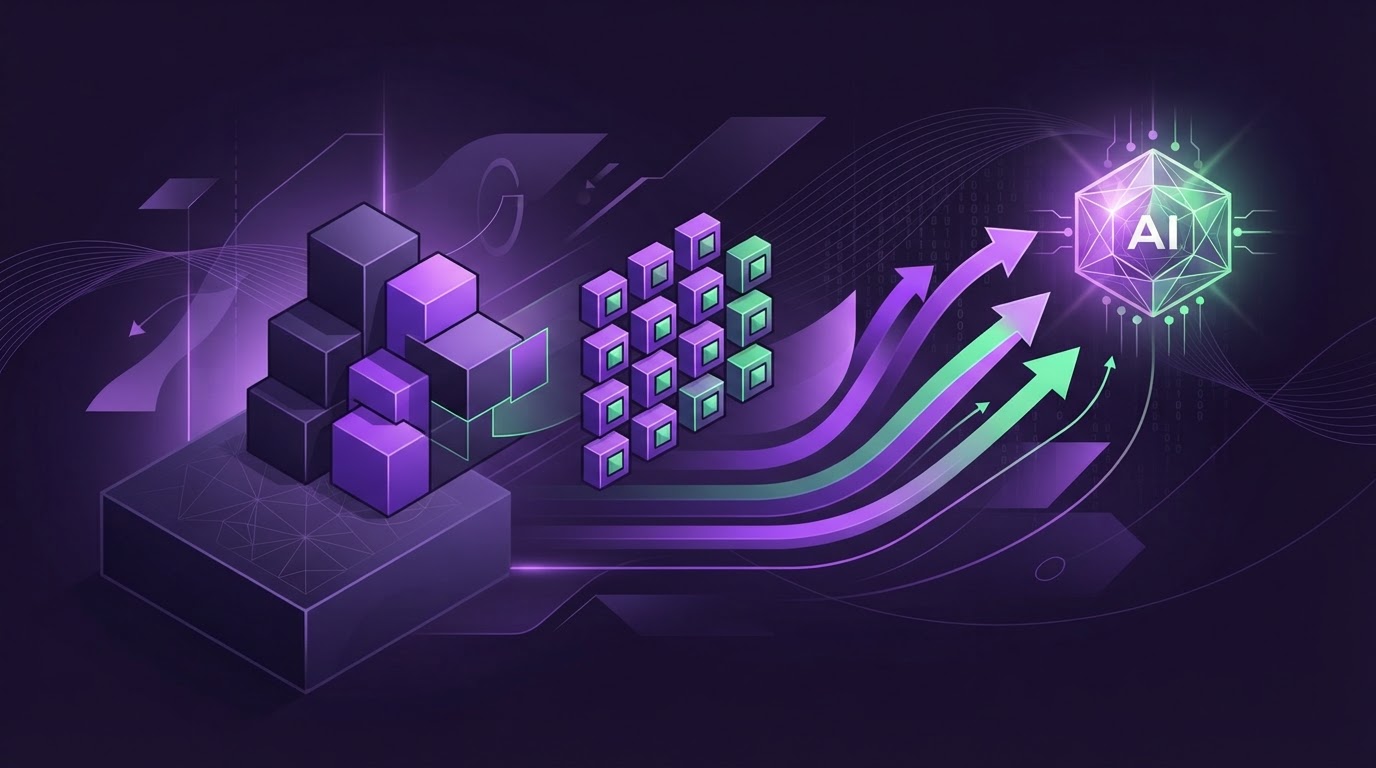 Abstract editorial illustration of a sequenced technology roadmap for a property business, progressing from security foundations to automation and AI.
