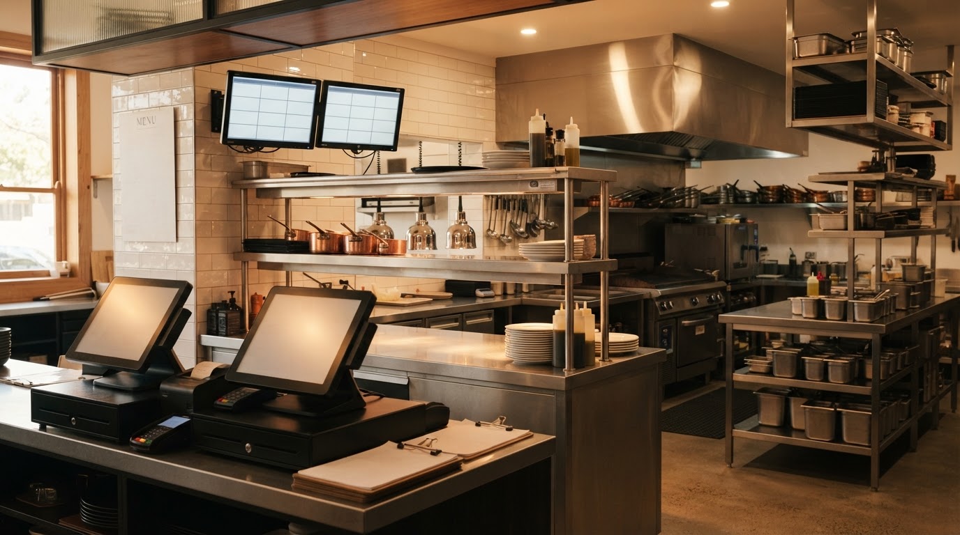 Modern hospitality venue back-of-house area in Sydney's Inner West showing point-of-sale systems and kitchen management screens in a clean professional environment with warm lighting