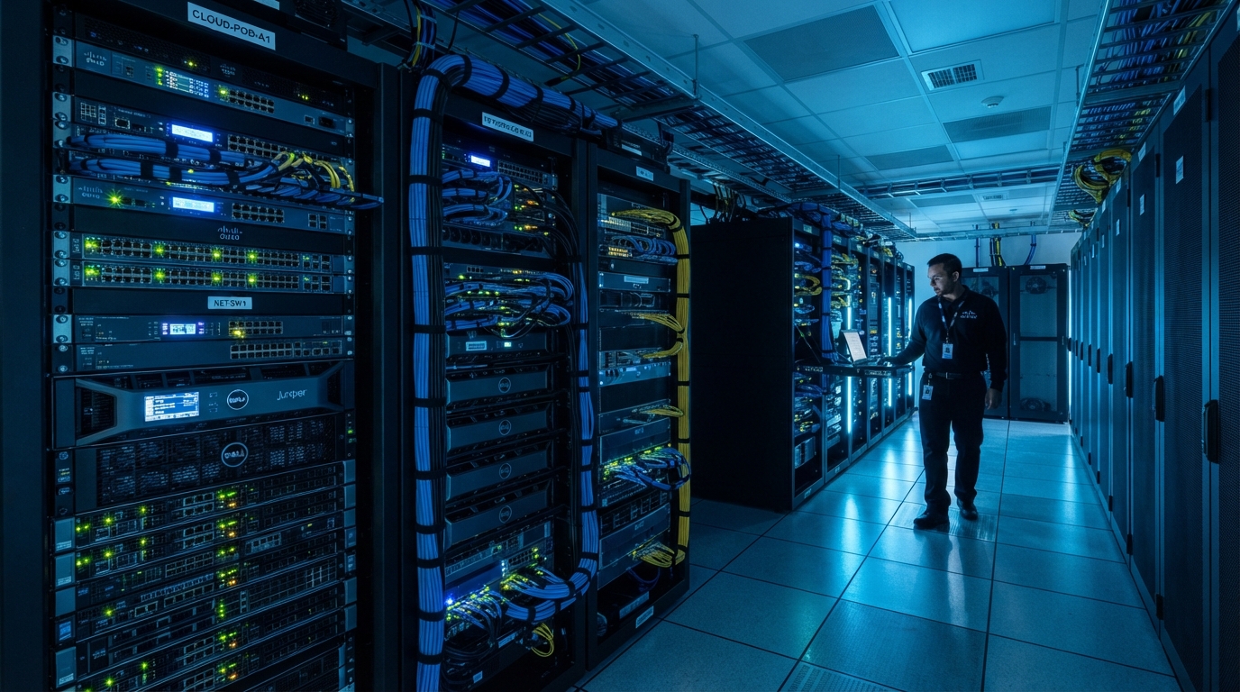 Modern IT server room with enterprise networking equipment, clean cable management and blinking status lights in cool blue tones, representing managed cloud infrastructure
