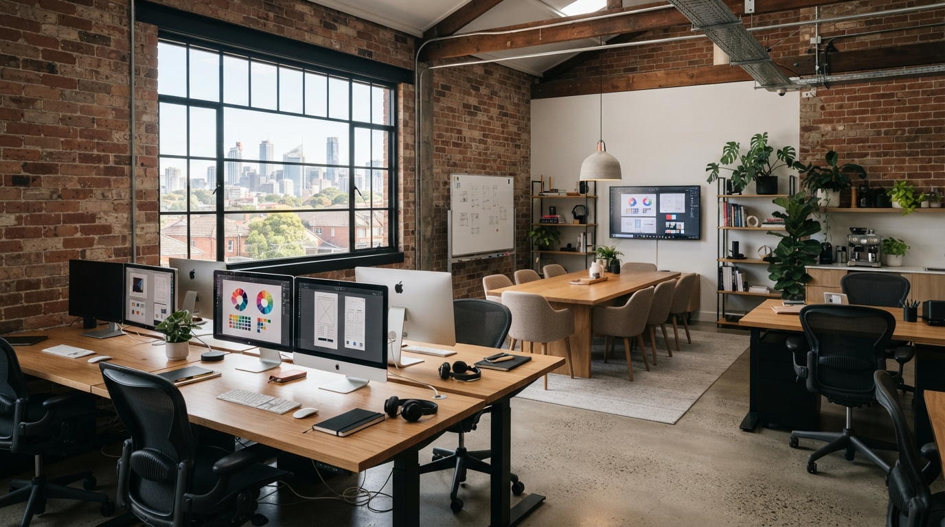 Modern creative agency workspace in Sydney's Inner West with exposed brick walls, large windows and collaborative meeting area showing contemporary design culture