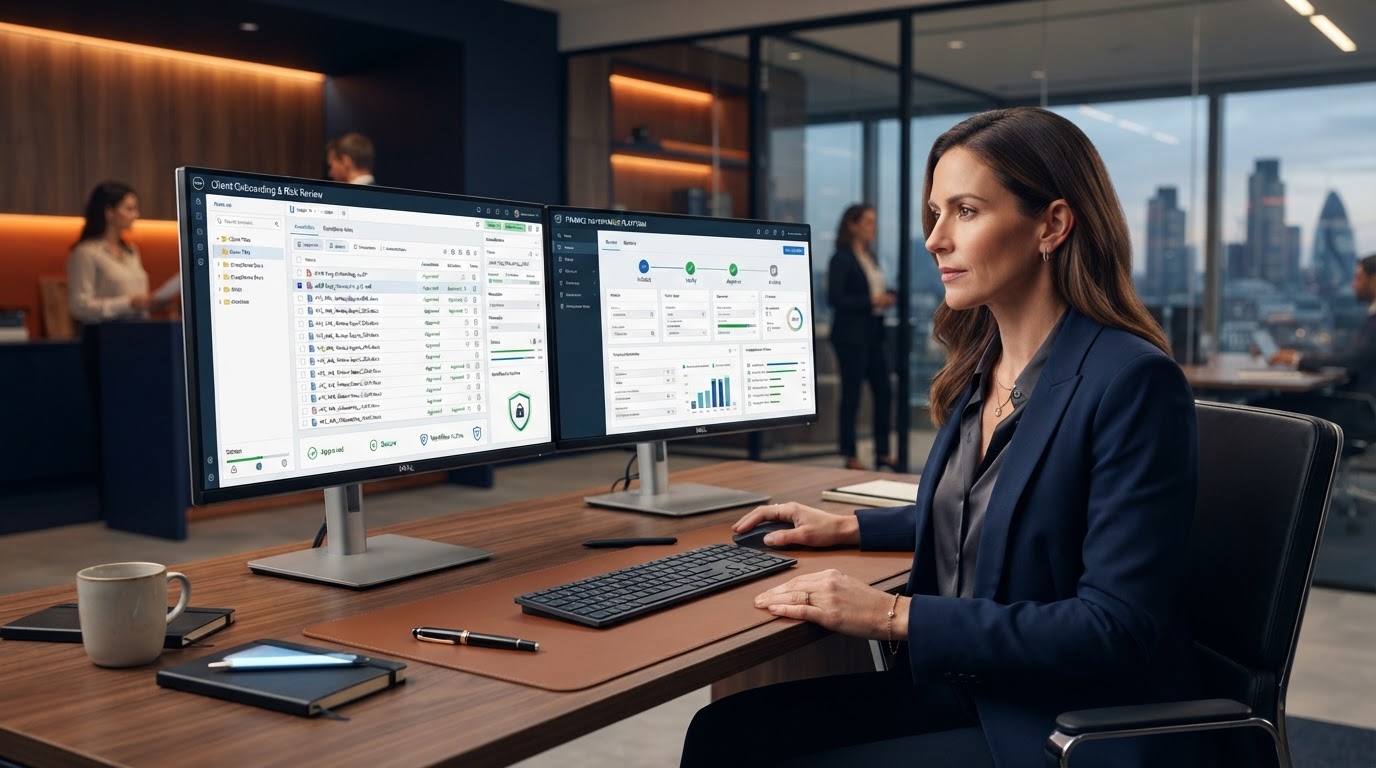 Financial services professional reviewing structured client documents on a modern dual-monitor workstation representing secure information governance