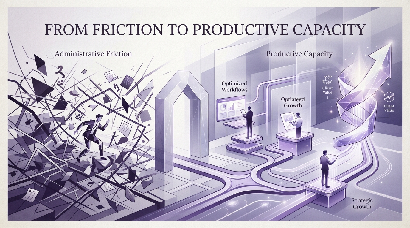 Abstract editorial illustration representing the transformation from administrative friction to productive capacity through structured workflows and automation