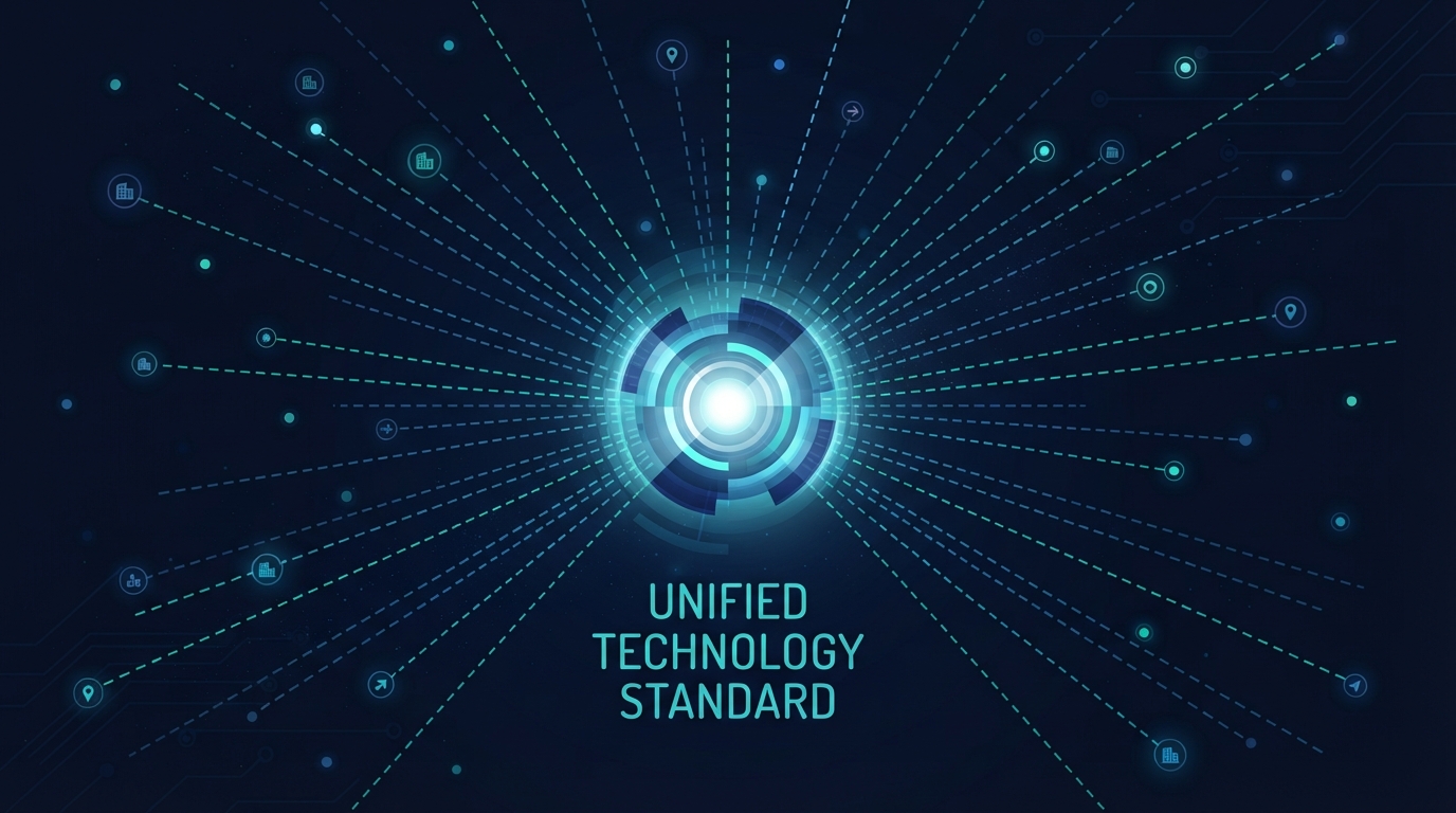 Abstract editorial illustration of scattered franchise location nodes converging onto a single unified technology standard at a central glowing hub.