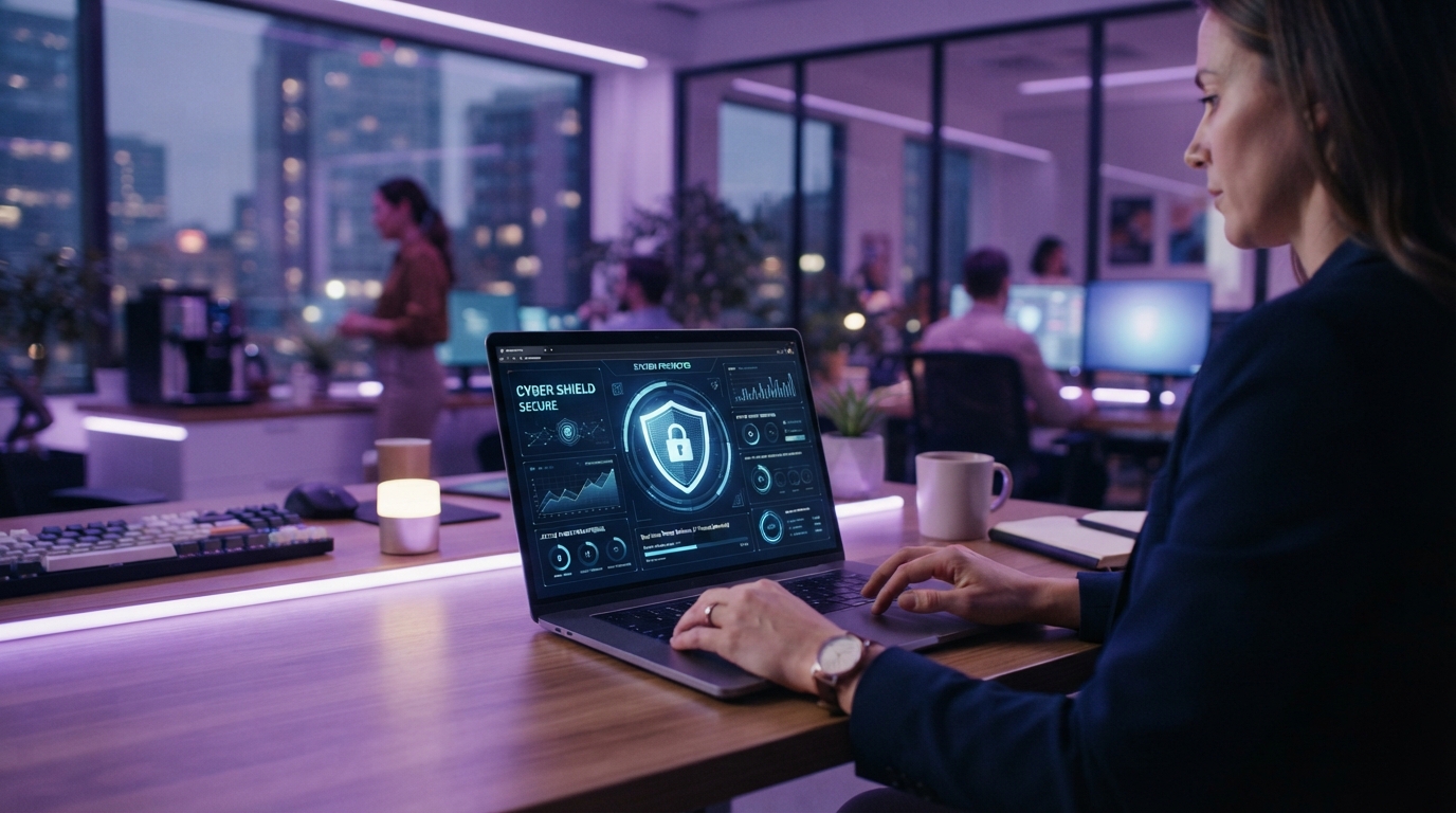 Cyber security concept showing a laptop with a shield icon on screen in a modern office with soft purple ambient lighting, representing built-in protection for businesses
