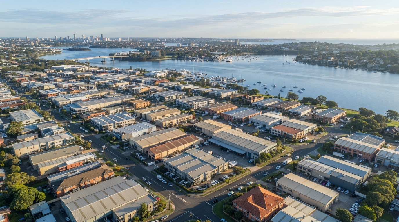 Aerial view of the Taren Point industrial and trade precinct in the Sutherland Shire, showing commercial warehouses and the Georges River in calm morning light